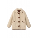 Apricot Fashion Long Sleeve Lapel Collar Button Down Pockets Side Sherpa Contrast Piped Baggy Jacket for Girls