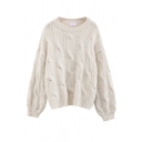 Warm White Balloon Sleeve Crew Neck Cable Knit Relaxed Fit Pullover Fisherman Sweater for Girls