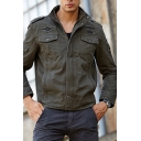 Mens Casual Solid Color Long Sleeve Chest Pocket Zip Placket Cargo Jacket