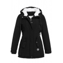 Black Casual Long Sleeve Hooded Drawstring Zipper Button Front Sherpa Liner Fitted Midi Parka Coat for Women
