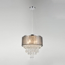 Cut Crystal Chrome Hanging Chandelier Drum 6 Lights Retro Down Lighting Pendant with Fabric Shade