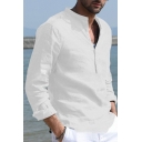 Men's Simple Long Sleeves Half Button Placket Loose Fit Solid Color Linen Shirt