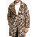 Mens Popular Leopard Pattern Notched Collar Long Sleeves Brown Longline Faux Fur Coat