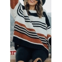 Trendy Street Girls' Long Sleeve Drop Shoulder Stripe Patterned Waffle-Knit Loose Fit Pullover Sweater Top