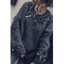 Trendy Girls' Blouson Sleeve Crew Neck Sequined Chunky Knit Plain Pullover Sweater Top