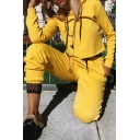 Sport Popular Striped Long Sleeve Crop Hoodie with Drawstring Pants Yellow Two Piece Co-ords