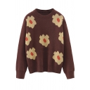 Elegant Ladies' Long Sleeve Crew Neck Floral Printed Purl-Knit Loose Pullover Sweater