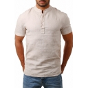 Mens Casual Street Plain Short Sleeve Button Placket Slim Fitted Linen Shirt Top