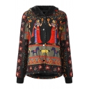 Black Casual Long Sleeve Hooded Button Down Floral Patterned Pockets Side Oversize Sherpa Liner Coat for Female