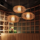 Elliptical Dining Room Drop Pendant Bamboo 1 Light Modern Style Hanging Light Fixture in Beige with Inner Paper Cylinder Shade