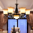 Black 4/6/7 Heads Chandelier Lighting Traditionalism Opal Frosted Glass Floral Ceiling Pendant Light for Living Room