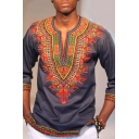 Men's African Stylish Dashiki Print Color Block V-Neck Loose Fit Tribal Style T-Shirt