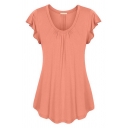 Elegant Ladies' Ruffled Sleeve Round Neck Pleated Relaxed Fit Plain T-Shirt
