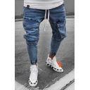 Hip Hop Popular Drawstring Waist Flap Pocket Slim Fit Ankle Banded Pants Solid Blue Jeans