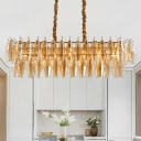 Rectangle Dining Room Chandelier Light Traditional Amber Glass 6 Heads Gold Hanging Light Kit