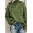 Basic Elegant Plain Long Sleeve High Neck Chunky Knit Baggy Pullover Sweater Top for Women