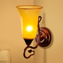 Yellow Glass Bell Sconce Light Fixture Traditional Style 1 Head Copper Finish Wall Mount Light for Bedroom