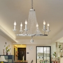 Beaded Crystal Ceiling Chandelier Traditional 6 Heads Distressed White Hanging Light Kit