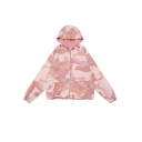 Cute Fashion Girls' Long Sleeve Hooded O-Ring Zip Up Drawstring Camo Printed Pockets Oversize Jacket in Pink