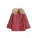 Maroon Classic Long Sleeve Fluffy Collar Double Breasted Patched Pockets Strap Detail Baggy Wool Coat for Female