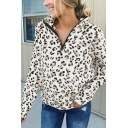 Fashion Street Women Long Sleeve Stand Collar Half Zip Leopard Printed Loose Pullover Sweatshirt in White