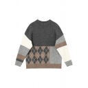 Leisure Colorblock Argyle Patchwork Long Sleeve Round Neck Leisure Knit Sweater