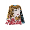 Cartoon Beautiful Girl and Beast Print Long Sleeve Crewneck Funny Sweater Knitwear