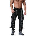 Mens Popular Buckle Chain Embellished Gothic Pants Solid Color Zipper Cargo Pants