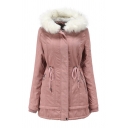 Cute Plain Long Sleeve Hooded Drawstring Button Zipper Front Fuzzy Trim Relaxed Mid Parka Coat for Girls