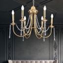 6 Heads Crystal Strand Chandelier Light Vintage Gold Candle Style Bedroom Suspension Lighting Fixture
