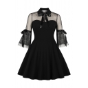 Cool Party Girls' Bell Sleeve Lapel Neck Bow Tie See-Through Mesh Patched Midi Pleated Flared Dress in Black