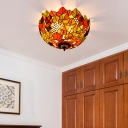 Bronze Grape/Rose Ceiling Lamp Victorian 5 Bulbs Multicolored Stained Glass Flush Mount Lighting