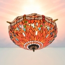 5 Heads Living Room Ceiling Mounted Fixture Tiffany Blue/Red Flush Mount Lamp with Dragonfly Stained Glass