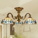 Bowl Ceiling Light Fixture Tiffany Hand Cut Glass 3 Lights Blue Semi Flush Mount Lamp