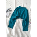 Basic Plain Long Sleeve Crew Neck Drawstring Hem Loose Crop Pullover Sweatshirt for Women