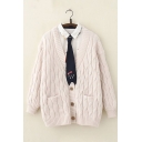 Womens Simple Plain Beige Long Sleeve Dual Pockets Cable Knitted Cardigan Coat