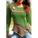 Ladies' Unique Long Sleeve Round Neck Hollow Patched Button Bow Tie Embellished Lettuce-Edge Asymmetric Plain Fit Sweater-Knit Top