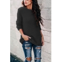 Ladies' Trendy Long Sleeve Round Neck Eyelash Knit Relaxed Fit Plain Pullover Sweater Top
