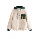Girls Chic Warm Long Sleeve Hooded Drawstring Pocket Patched Button Down Sherpa Fleece Baggy Jacket in White