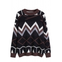 Female Classic Long Sleeve Crew Neck Geo Printed Relaxed Fit Knit Pullover Sweater Top