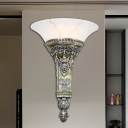 Resin Carved Wall Lighting Vintage Stylish 1 Light Living Room Aged Silver Sconce Lamp with Flared White Glass Shade