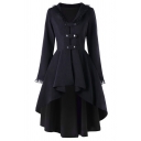 Cute Vintage Long Sleeve V-Neck Double Breasted Lace Trim Fitted Plain Pleated Midi Coat for Girls