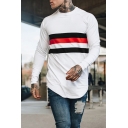 Color-Block Stripe Panel Round Neck Long Sleeves Arc Hem Slim Fitted T-Shirt