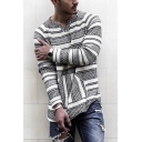 Casual Geometric Stripe Printed V-Neck Long Sleeves Loose Fit White and Gray Street T-Shirt