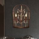 Metal Birdcage Wall Mounted Lamp Industrial 2 Heads Bedroom Sconce Light Fixture in Rust with Crystal Accent