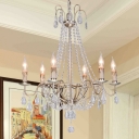 Candle-Style Living Room Hanging Chandelier Countryside Crystal 6 Lights Silver Suspension Lamp