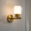 Cylinder Bedroom Wall Lamp Modern Clear Glass 1 Light Brass Finish Wall Lighting with Inner White Glass Shade