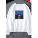 Exclusive Astronaut Mountain Geometric Print Long Sleeve Relaxed Fit Pullover Sweatshirt