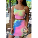 Womens Exclusive Tie Dye Printed Cropped Cami Top with Mini Fitted Skirt Two Piece Set