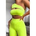 Women's Sexy Plain Cutout Front One Shoulder Cropped Top with Shorts Two Piece Outfits